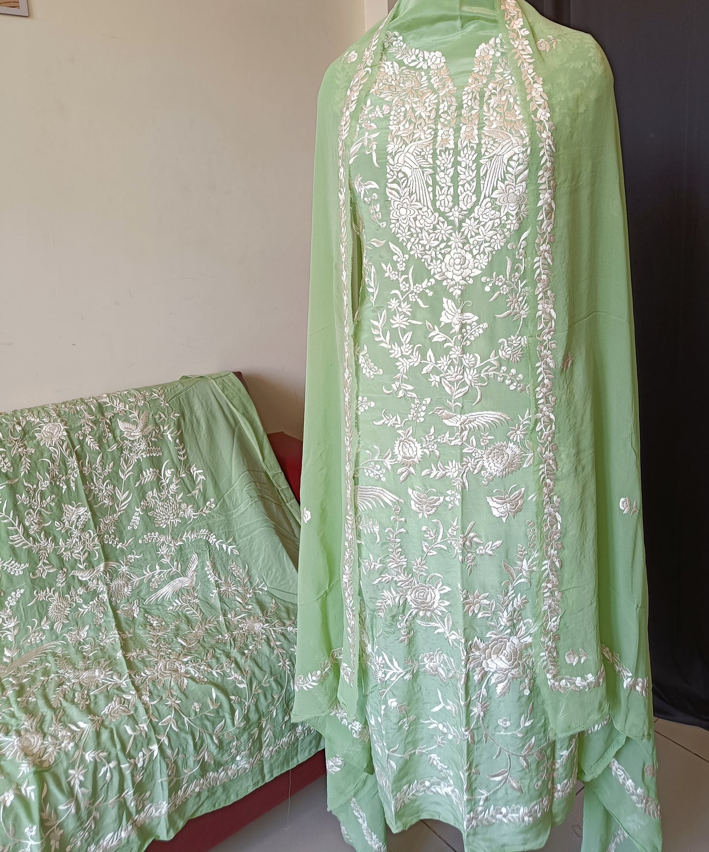 Pistachio Green Masterpiece Hand Embroidered Parsi Gara Full Suit