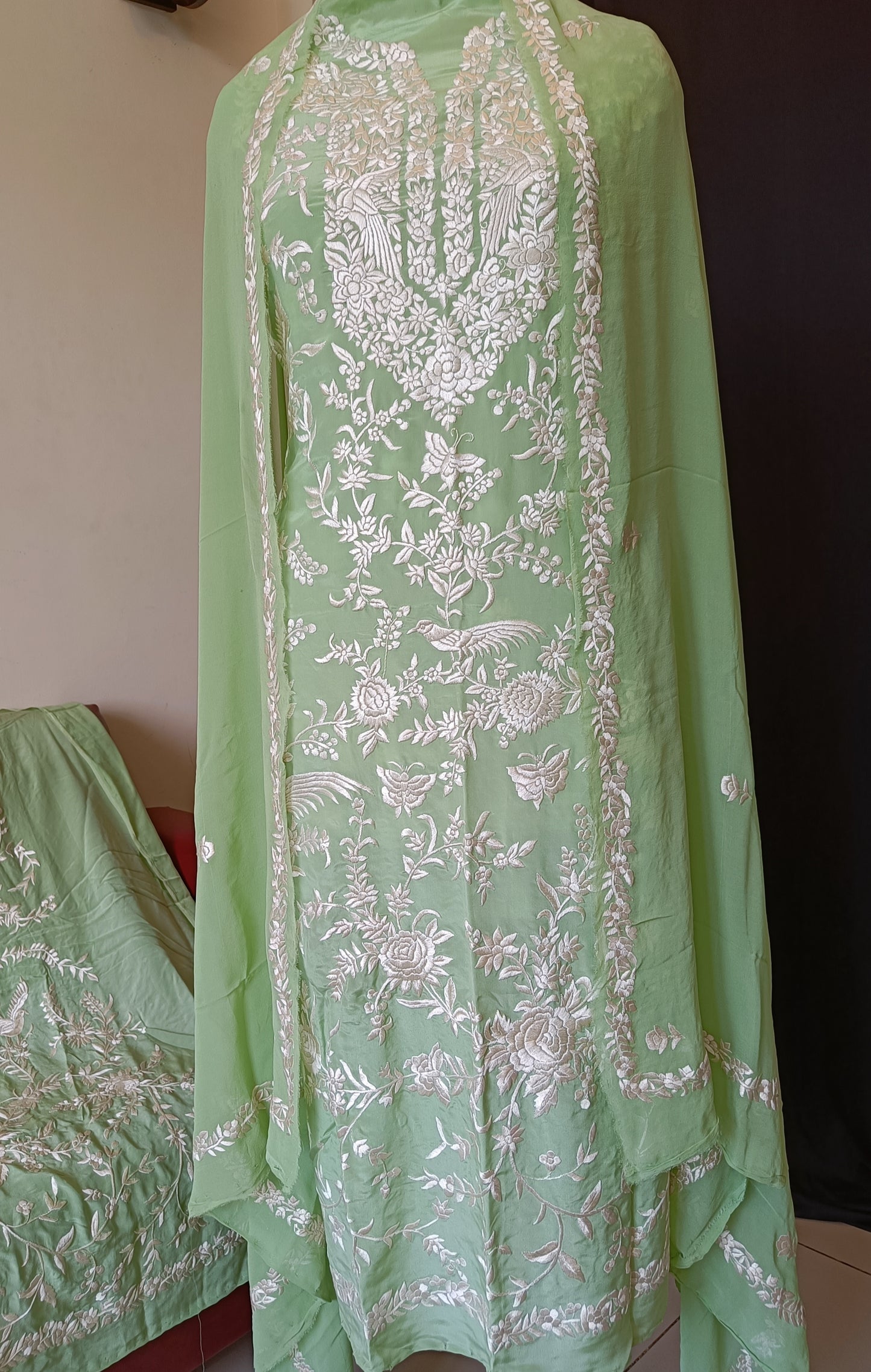 Pistachio Green Masterpiece Hand Embroidered Parsi Gara Full Suit