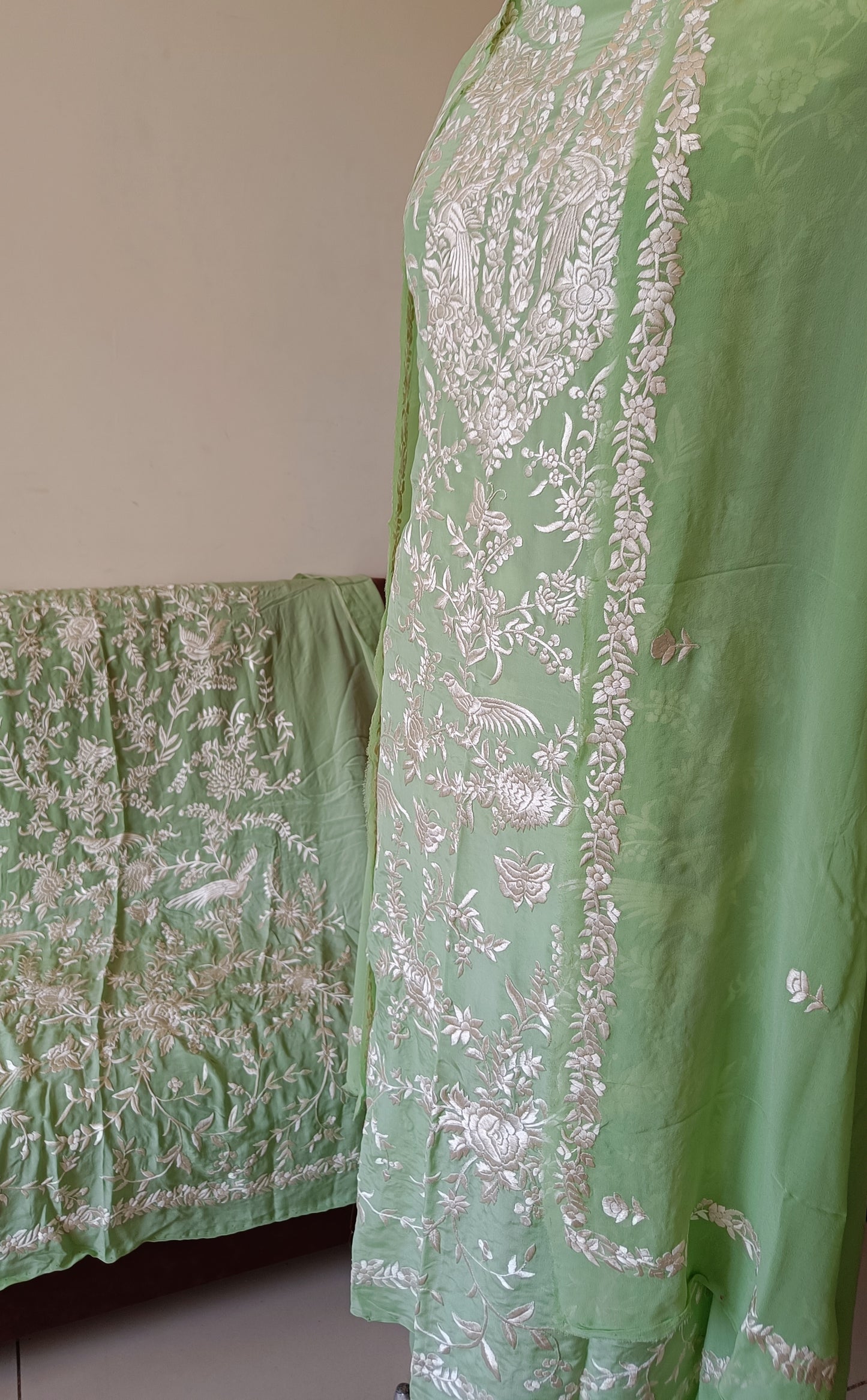 Pistachio Green Masterpiece Hand Embroidered Parsi Gara Full Suit