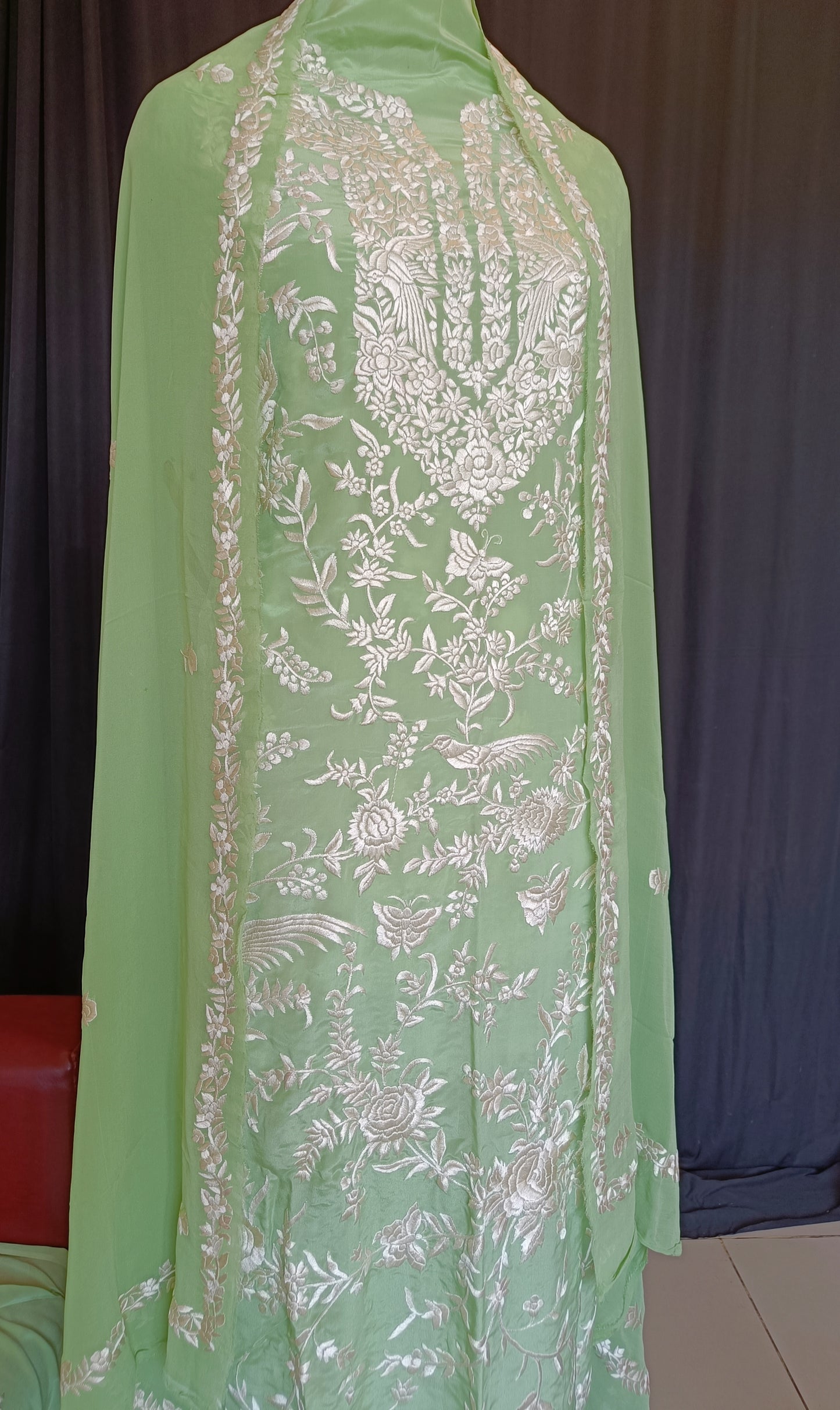 Pistachio Green Masterpiece Hand Embroidered Parsi Gara Full Suit