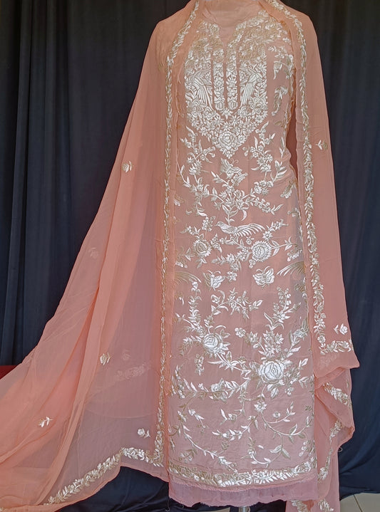 Peach Masterpiece Hand Embroidered Parsi Gara Full Suit