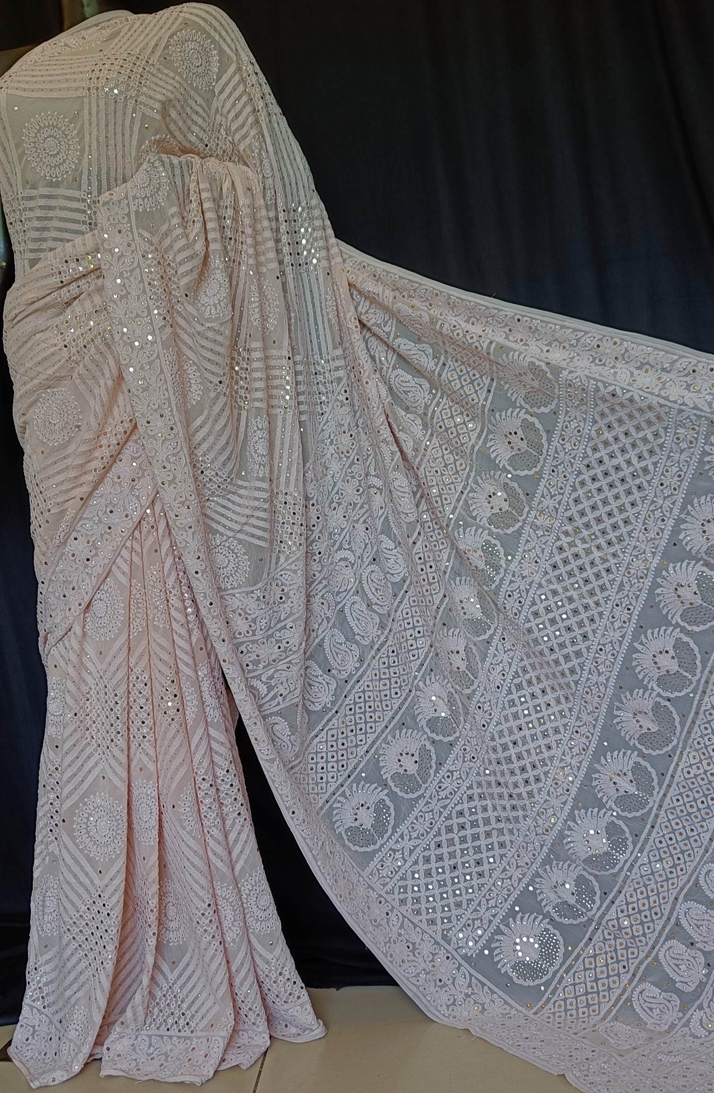 Ruhani Oyster Pink Allover Chikankari and Mukaish Saree