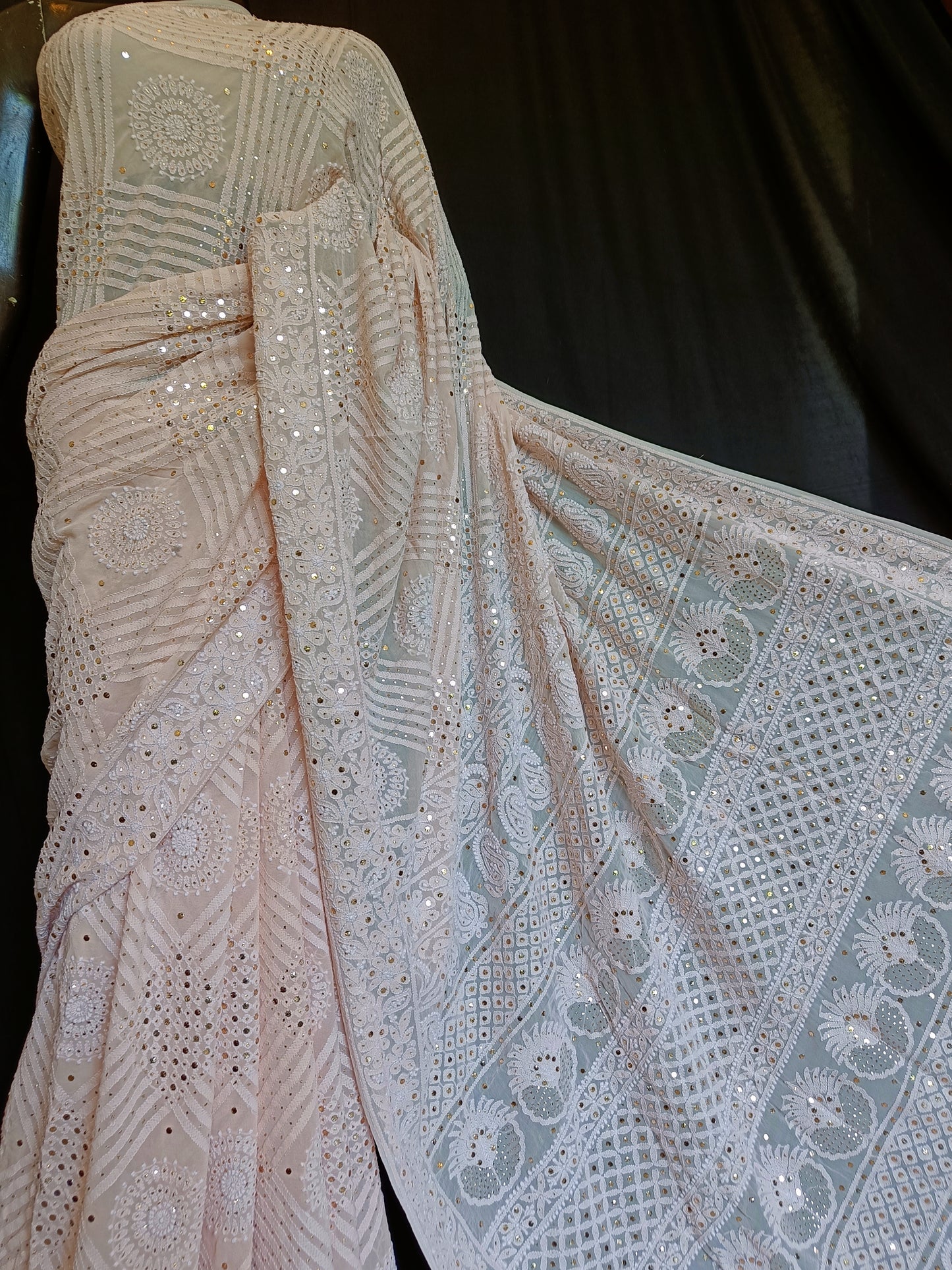 Ruhani Oyster Pink Allover Chikankari and Mukaish Saree