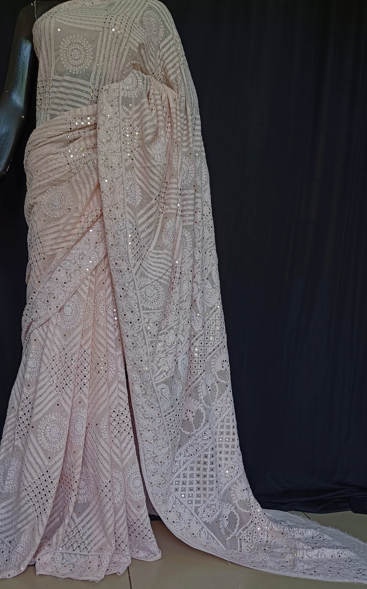 Ruhani Oyster Pink Allover Chikankari and Mukaish Saree