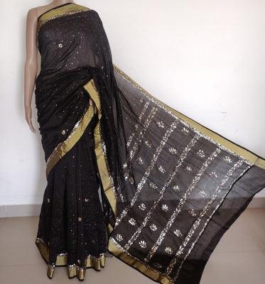 Black Chanderi silk allover mukaish saree - Lucknowi Andaaz