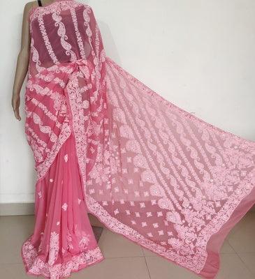 Coral designer half jaal Chikankari semi georgette saree - Lucknowi Andaaz