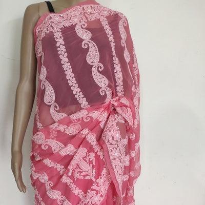Coral designer half jaal Chikankari semi georgette saree - Lucknowi Andaaz