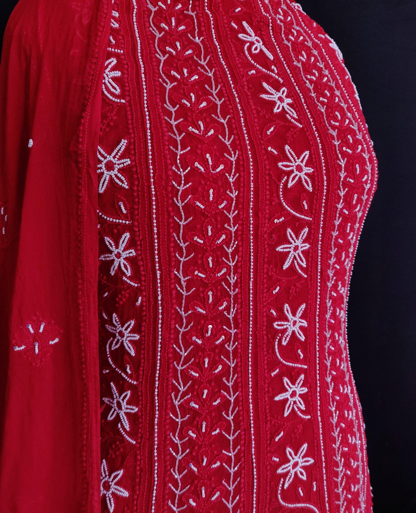 Red half pure georgette anarkali with Chikankari and pearl embroidery - Lucknowi Andaaz