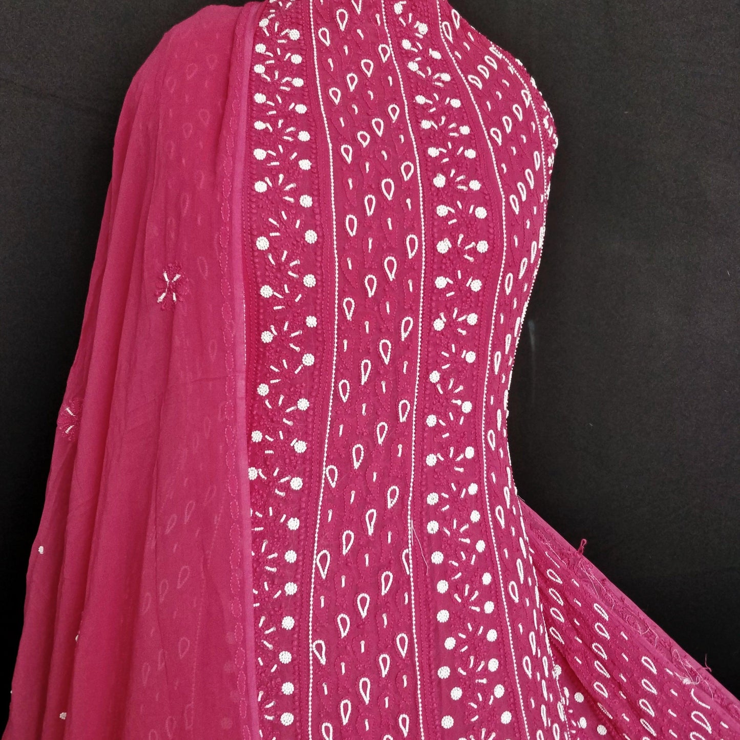 Hot Pink half pure georgette anarkali with Chikankari and pearl embroidery - Lucknowi Andaaz