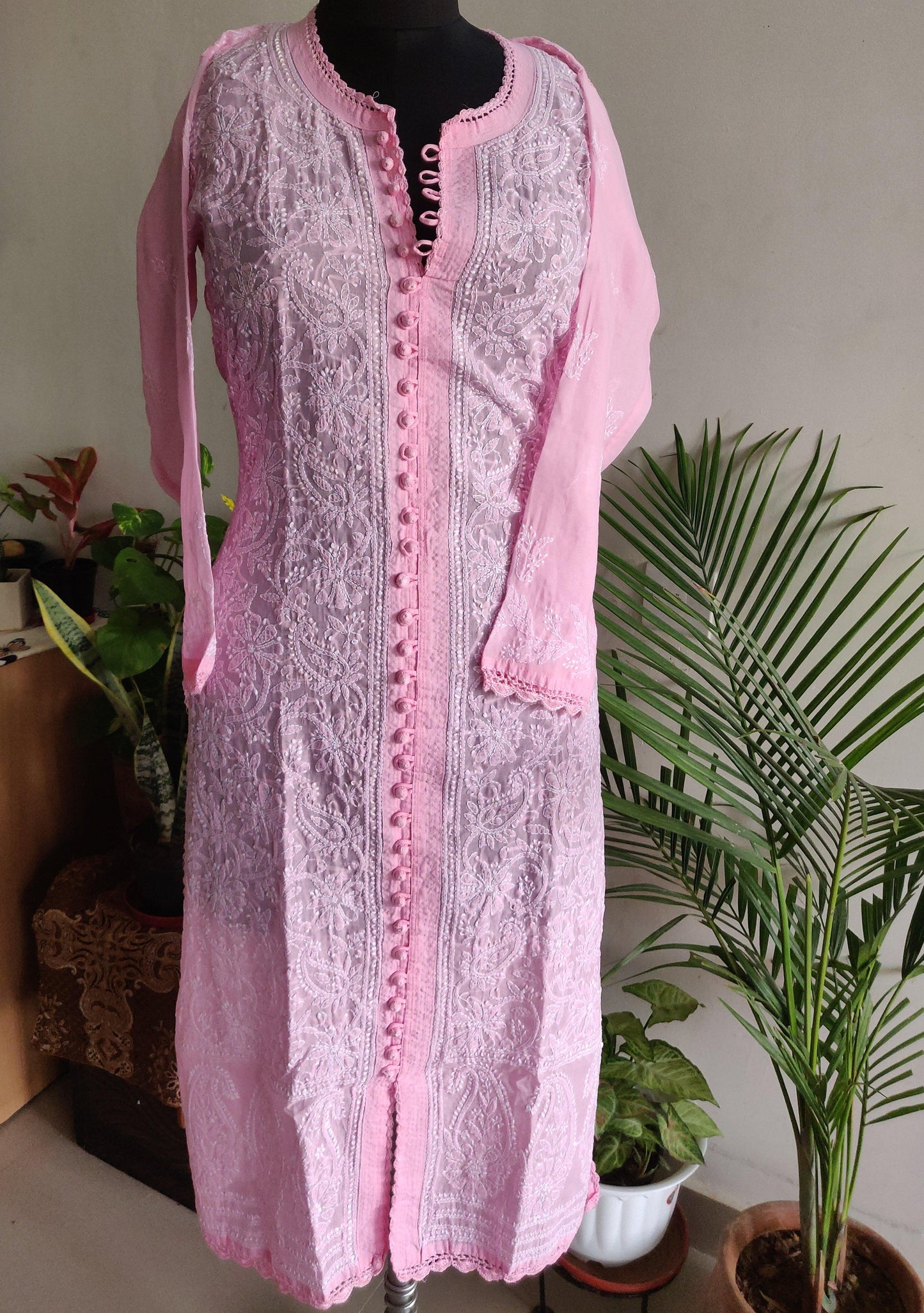 Pink cotton Chikankari Kurti Size 40 - Lucknowi Andaaz
