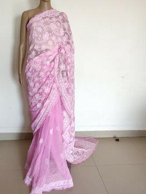 Mauvish pink fine Chikankari half jaal saree - Lucknowi Andaaz