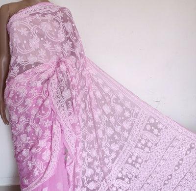 Mauvish pink fine Chikankari half jaal saree - Lucknowi Andaaz