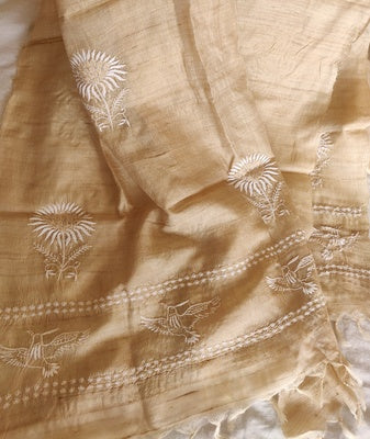 Tussar silk dupatta with fine Chikankari