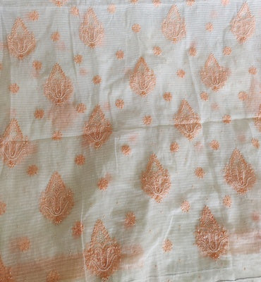 White and orange Chikankari and pearl embroidered kota Kurta Fabric