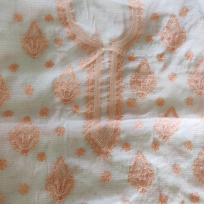 White and orange Chikankari and pearl embroidered kota Kurta Fabric