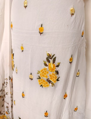 White and yellow hand embroidered parsi gara and French knot kurta and dupatta