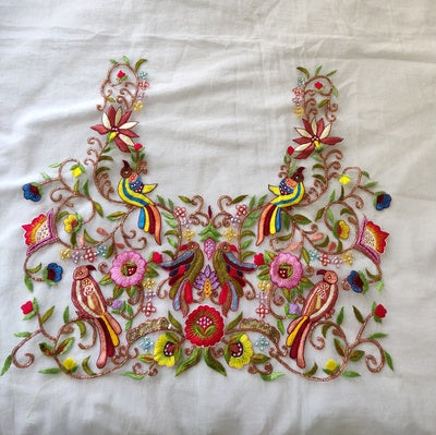 White net blouse with multicolored zari hand embroidery