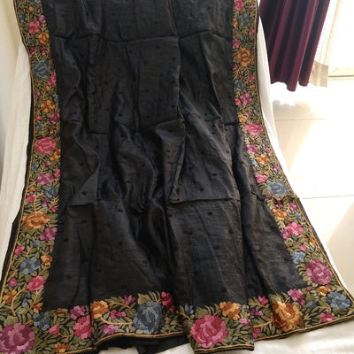 Zeebah Black Parsi Gara Hand Embroidered Tussar Silk Saree