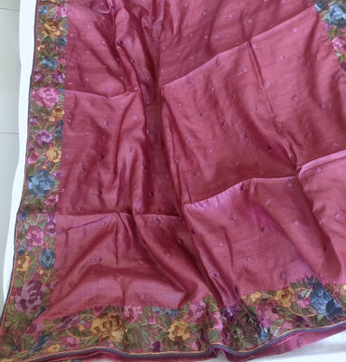 Zeebah burnt pink Parsi Gara Hand Embroidered Tussar Silk Saree