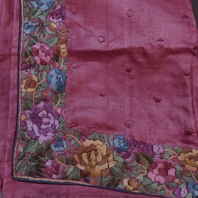 Zeebah burnt pink Parsi Gara Hand Embroidered Tussar Silk Saree